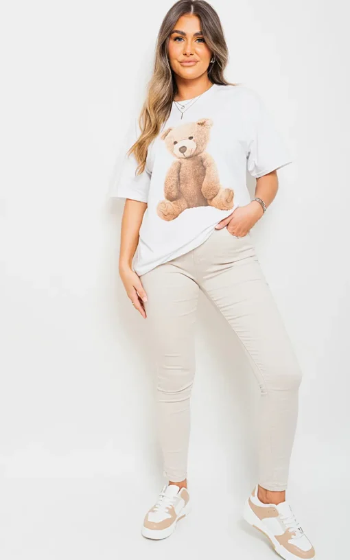 White Anna Short Sleeve Teddy Bear Printed Oversized Casual Top<IKRUSH Outlet