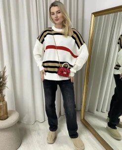 White Ava Oversized Striped Long Sleeve Knitted Jumper<IKRUSH Discount