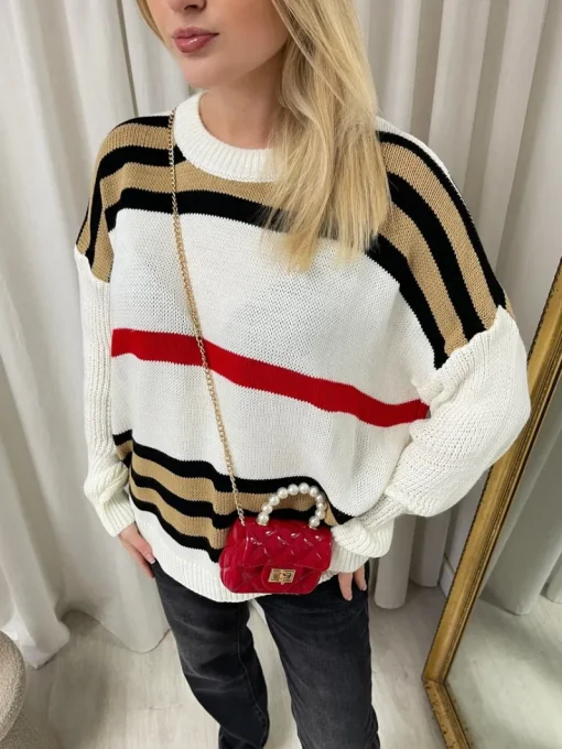 White Ava Oversized Striped Long Sleeve Knitted Jumper<IKRUSH Discount