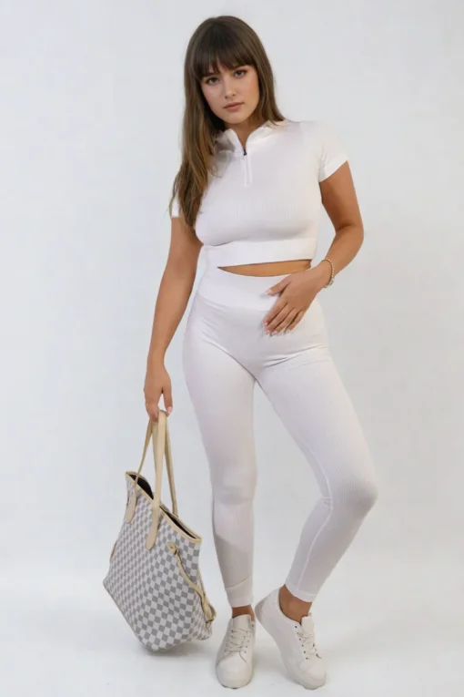 White Ayah Ribbed Half Zip Crop Top and High Waist Leggings Co-ord Set<IKRUSH Online
