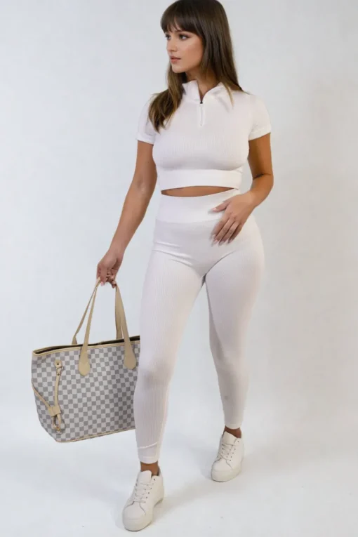 White Ayah Ribbed Half Zip Crop Top and High Waist Leggings Co-ord Set<IKRUSH Online