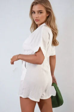 White Brenda Buttoned Tie Waist Romper<IKRUSH Discount