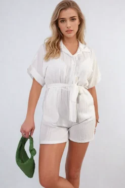 White Brenda Buttoned Tie Waist Romper<IKRUSH Discount