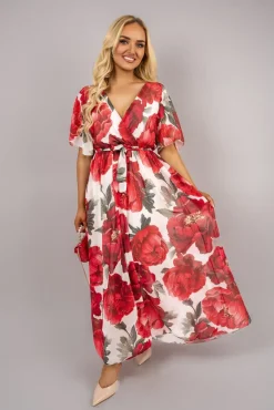 White Briana Floral V Neck Short Sleeve Maxi Dress with Tie Waist<IKRUSH Fashion