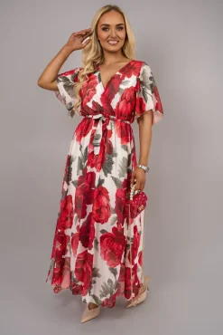 White Briana Floral V Neck Short Sleeve Maxi Dress with Tie Waist<IKRUSH Fashion