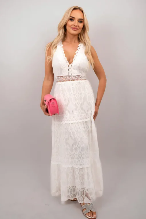 White Catalina Lace Sleeveless Summer Maxi Dress<IKRUSH Sale