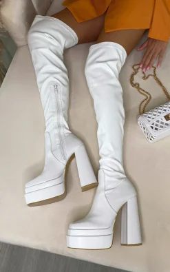 White Celeste Block Heel Knee High Boots<IKRUSH New