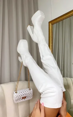 White Celeste Block Heel Knee High Boots<IKRUSH New