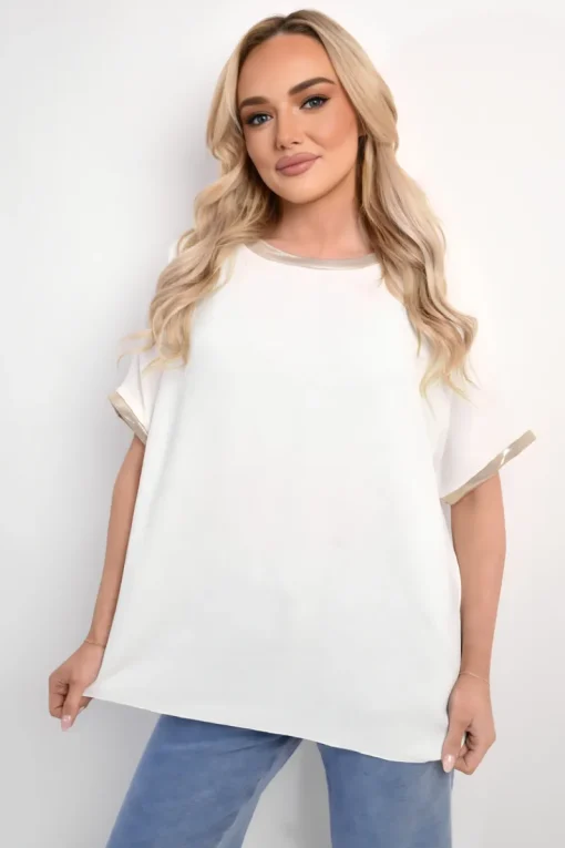White Celia Shiny Trim Short-Sleeved Top<IKRUSH Outlet