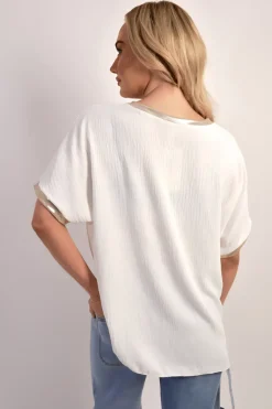 White Celia Shiny Trim Short-Sleeved Top<IKRUSH Outlet