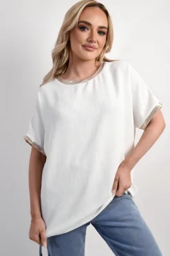White Celia Shiny Trim Short-Sleeved Top<IKRUSH Outlet