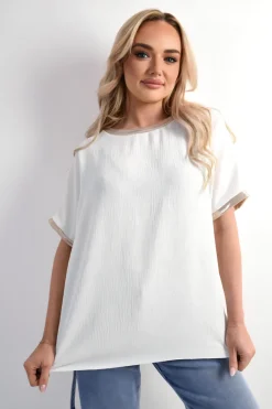White Celia Shiny Trim Short-Sleeved Top<IKRUSH Outlet