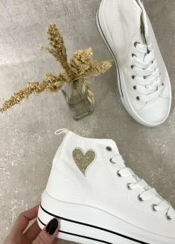 White Daniela High Top Lace Up Heart Detailed Kids Trainers<IKRUSH Online