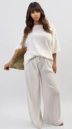 White Daniela Ribbed Oversized Top and Drawstring Wide Leg Trouser Co-ord Set<IKRUSH Best