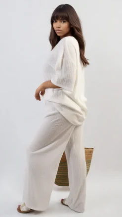 White Daniela Ribbed Oversized Top and Drawstring Wide Leg Trouser Co-ord Set<IKRUSH Best