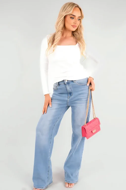 White Danna Square Neckline Long Sleeve Top<IKRUSH Hot