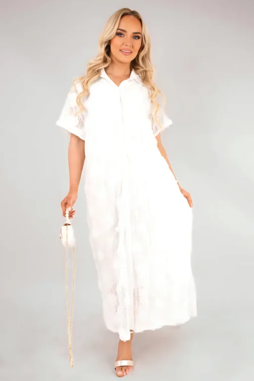 White Delina Collared Short Sleeve Sheer Maxi Shirt Dress with Textured Detail<IKRUSH Online