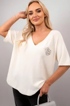 White Della Short Sleeve V-Neck Oversized Rhinestone Heart Detail Top<IKRUSH Sale