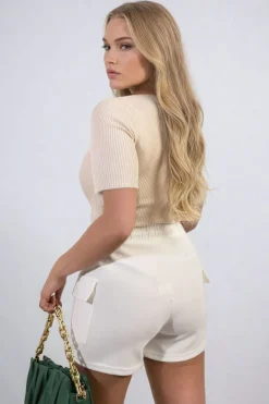 White Dulce Elastic Waist Drawstring Pocket Detail Shorts<IKRUSH Best