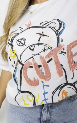 White Elsie Cute Teddy Graphic Glitter Detail T-Shirt<IKRUSH Fashion