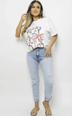 White Elsie Cute Teddy Graphic Glitter Detail T-Shirt<IKRUSH Fashion