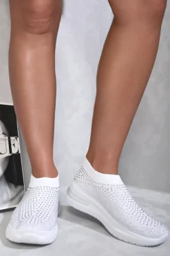 White Ember Rhinestone Decor Slip On Sock Trainers<IKRUSH Fashion