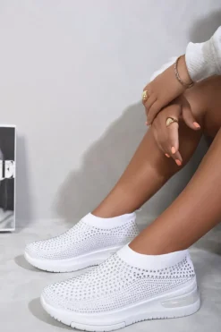 White Ember Rhinestone Decor Slip On Sock Trainers<IKRUSH Fashion