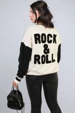 White Erica Round Neck Rock & Roll Print Knitted Jumper<IKRUSH New