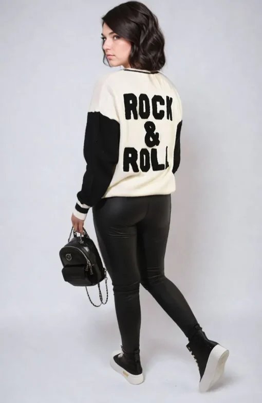 White Erica Round Neck Rock & Roll Print Knitted Jumper<IKRUSH New