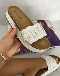 White Erin Open Toe Embellished Strap Slide Platform Sandals<IKRUSH Clearance