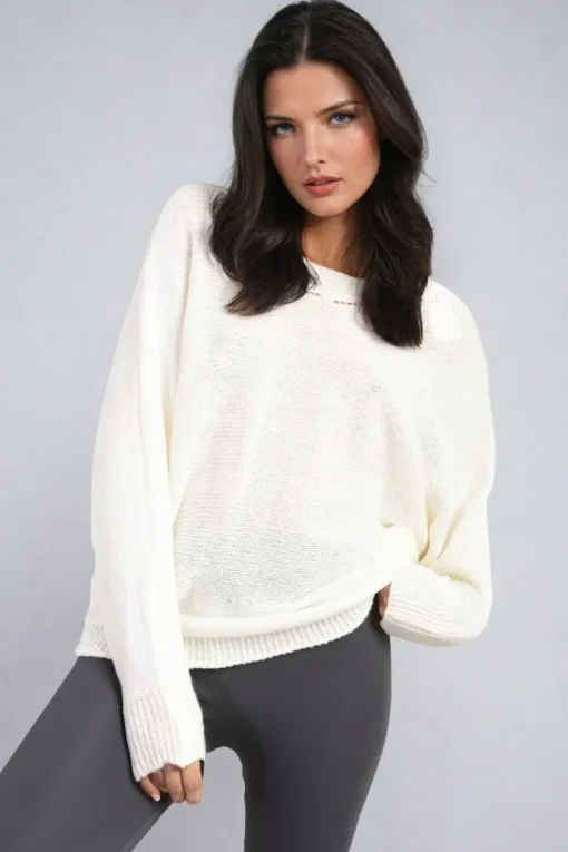 White Florencia Crew Neck Back Patterned Knitted Jumper<IKRUSH Sale