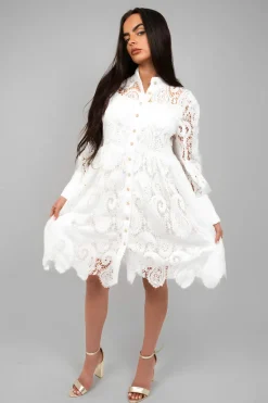 White Freya Button Up Lace Long Sleeve Mini Dress<IKRUSH Online