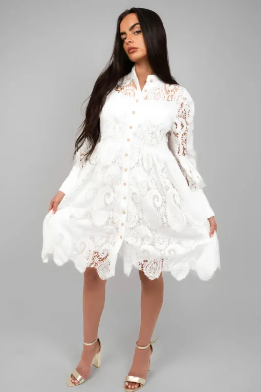 White Freya Button Up Lace Long Sleeve Mini Dress<IKRUSH Online