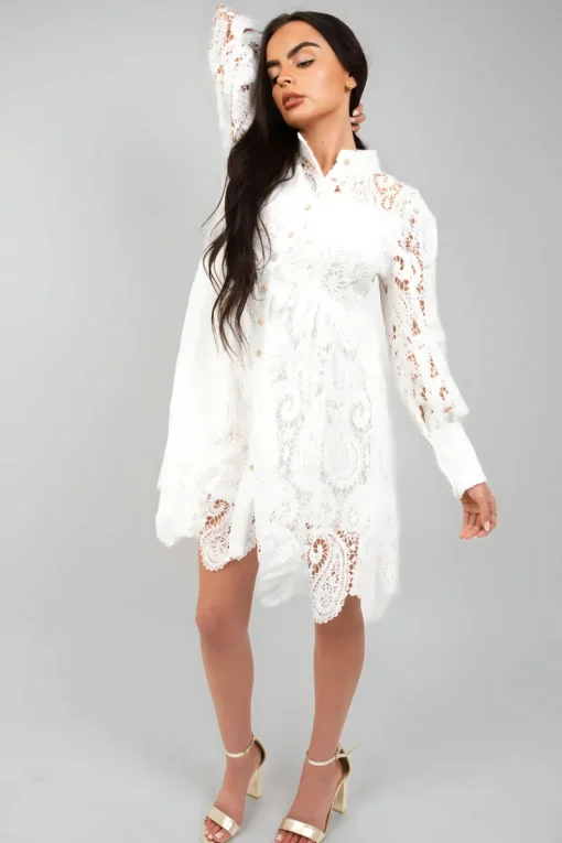 White Freya Button Up Lace Long Sleeve Mini Dress<IKRUSH Online