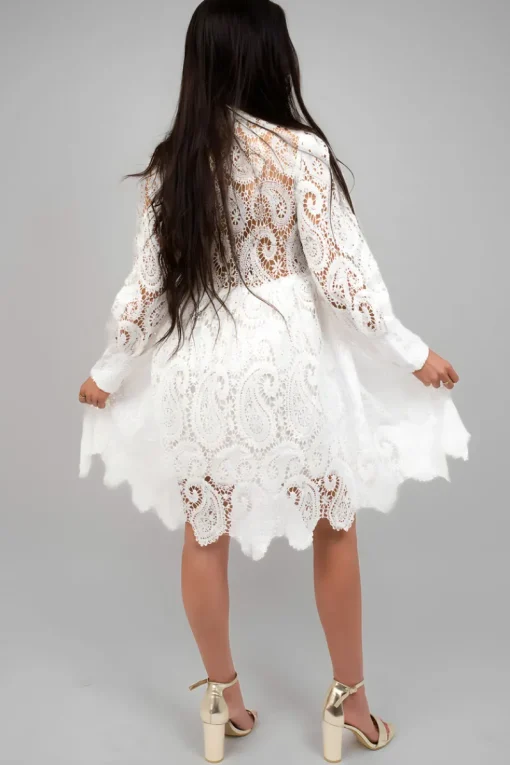 White Freya Button Up Lace Long Sleeve Mini Dress<IKRUSH Online