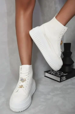 White Freya Lace Up High Top Platform Trainers with Decorative Details<IKRUSH Online