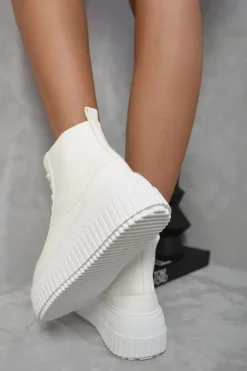 White Freya Lace Up High Top Platform Trainers with Decorative Details<IKRUSH Online