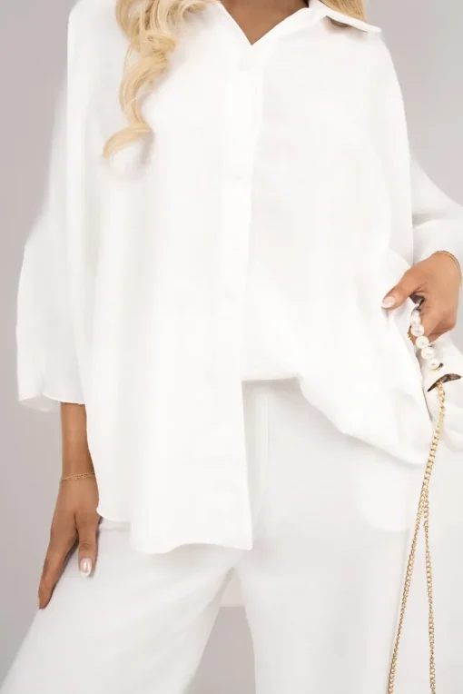 White Jade Button Down Long Sleeve Shirt and Wide Leg Trousers Co-ord Set<IKRUSH Best