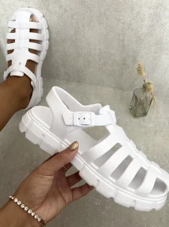 White Janelle Summer Round Toe Strappy Chunky Sandals<IKRUSH Fashion
