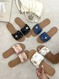 White Jenny Open Toe Printed Flat Sandals<IKRUSH Outlet