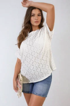 White Jimena Bow Back Eyelet Details Short Sleeve Oversized Top<IKRUSH Best