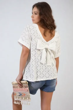White Jimena Bow Back Eyelet Details Short Sleeve Oversized Top<IKRUSH Best