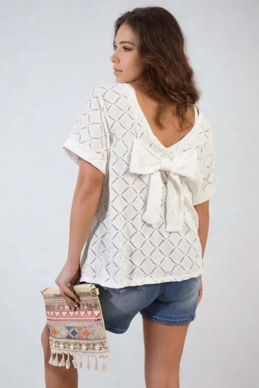 White Jimena Bow Back Eyelet Details Short Sleeve Oversized Top<IKRUSH Best