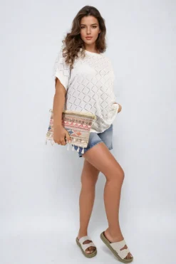 White Jimena Bow Back Eyelet Details Short Sleeve Oversized Top<IKRUSH Best