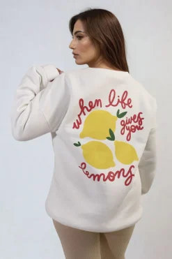 White Joyce Lemon Graphic Long Sleeve Knitted Jumper<IKRUSH Clearance