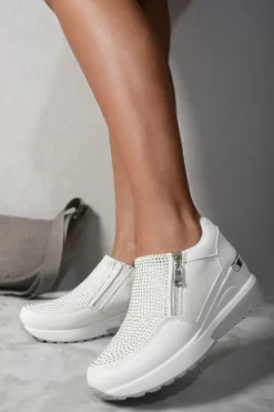 White Judith Rhinestone Decor Zip Platform Trainers<IKRUSH Online