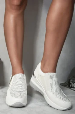 White Judith Rhinestone Decor Zip Platform Trainers<IKRUSH Online