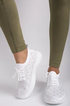 White Kaela Crystal Embellished Knit Trainers<IKRUSH Clearance