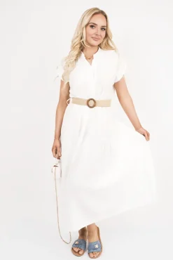 White Kareen V Neck Short Sleeve Tiered Midi Dress with Belt<IKRUSH Outlet