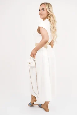 White Kareen V Neck Short Sleeve Tiered Midi Dress with Belt<IKRUSH Outlet